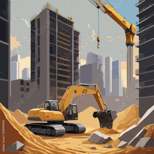 construction site with crane and building