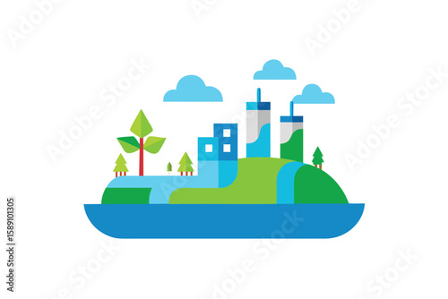 Miniature Clean Energy City With Water Stream And Greenery
