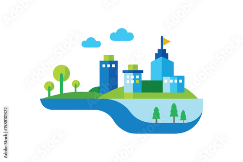 Miniature Clean Energy City With Water Stream And Greenery