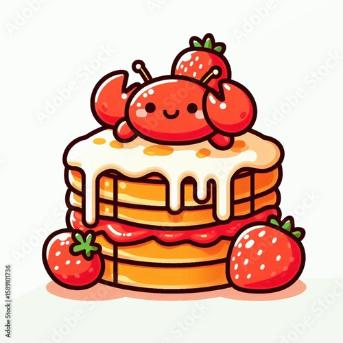 Cartoon crab rests atop pancake stack drizzled with white frosting accompanied by strawberries