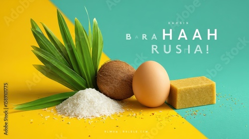Vibrant Still Life Composition Featuring Egg, Coconut, Rice, and Soap Set Against Colorful Backgrounds for Culinary and Wellness Concepts