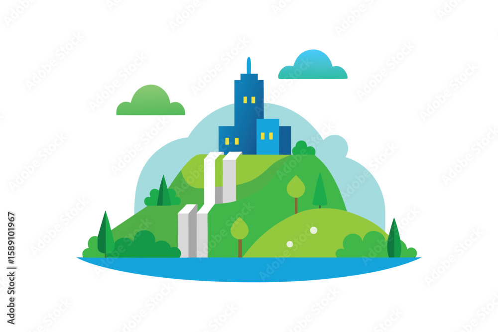 Fototapeta premium Idyllic Smart City On A Hill With Green Forest And Sky
