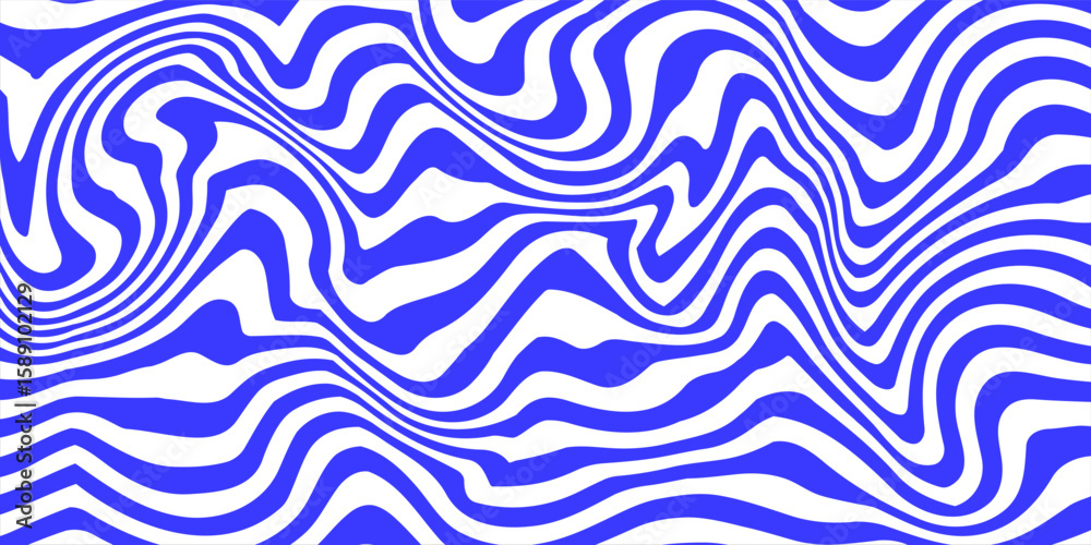 Naklejka premium Blue wavy lines abstract background. Trendy psychedelic retro style backdrop. Waves, swirl and twirl pattern. Twisted distorted vector texture.