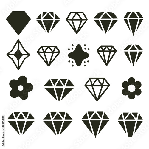 Silhouette Icons of Diamonds, Gems, and Decorative Shapes