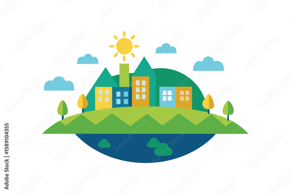 Fototapeta premium Eco Town Island With Hills Solar Panels And Smart Homes