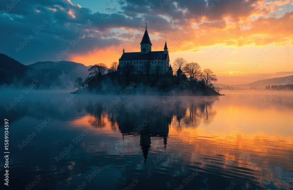 Fototapeta premium A castle sits on a small island surrounded by calm water during a colorful sunset