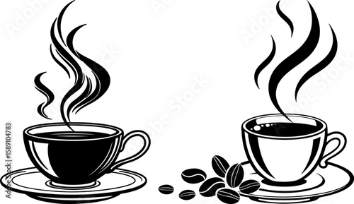 Silhouette of Two Cups of Hot Coffee with Beans