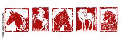 Chinese 2026 New Year horse symbol, vector oriental holiday animal print set, asian zodiac stamp. Traditional festive lunar seal, engraving linocut logotype, lucky red carved sign. Chinese horse card