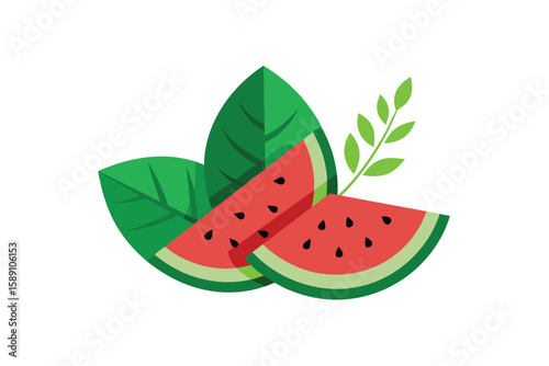 Cartoon Watermelon Slices And Leaves Isolated On White