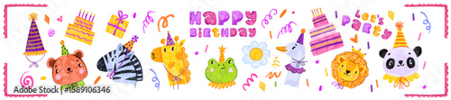 Kids animal happy birthday party print hand drawn baby cute celebration character set, funny giraffe. Colorful pencil greeting postcard, childish naive holiday banner, scribble confetti. Animal kids