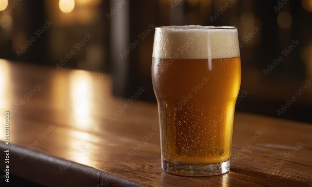 Refreshing pint of golden beer on wooden bar top with foam head Refreshing pint of golden beer on wooden bar top with foam head