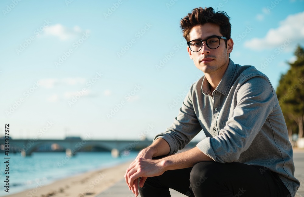 A young man with dark hair and glasses sitting outdoors on a sunny day by the water A young man with dark hair and glasses sitting outdoors on a sunny day by the water