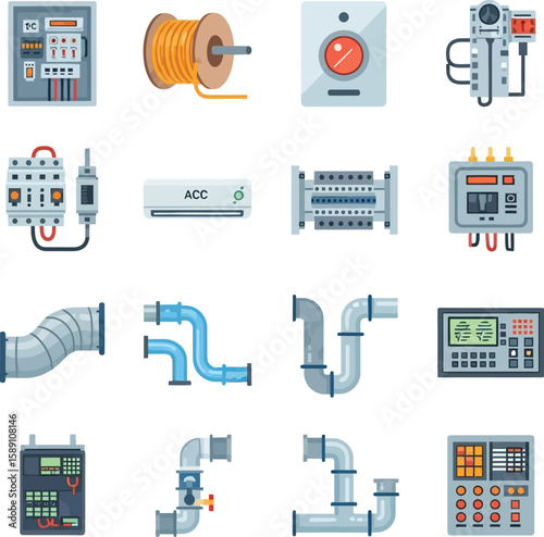 A collection of sixteen vector illustrations depicting various electrical and plumbing components, including panels, wiring, pipes, and control units.