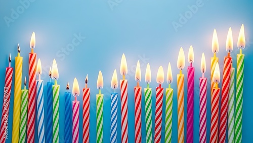 Colorful birthday candles of varying heights glowing softly, arranged on a gradient blue background.