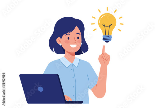 Creative Woman With Laptop Gets Bright Idea Symbolizing Innovation And New Project Development