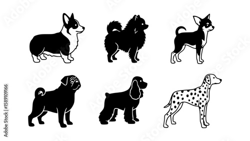 Six different dog breeds in a simple black and white illustration style.  Each dog is depicted in profile view against a white background.