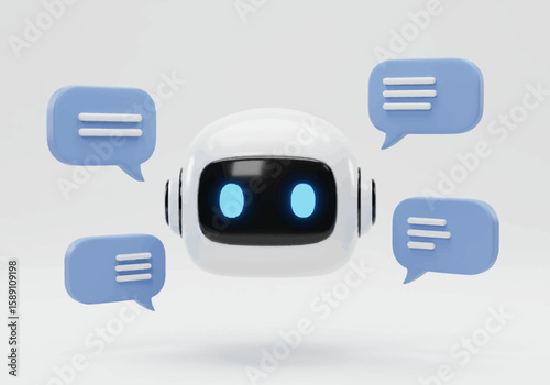 Modern 3D Render of a Friendly White Robot with Glowing Blue Eyes Surrounded by Chat Bubbles Illustrating Communication and Artificial Intelligence Concepts in Technology