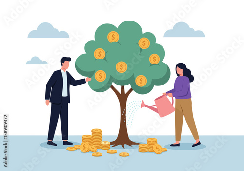 Two individuals actively nurture a money tree laden with coins representing financial growth and prosperity illustrating effective investment strategies for wealth accumulation and long term success