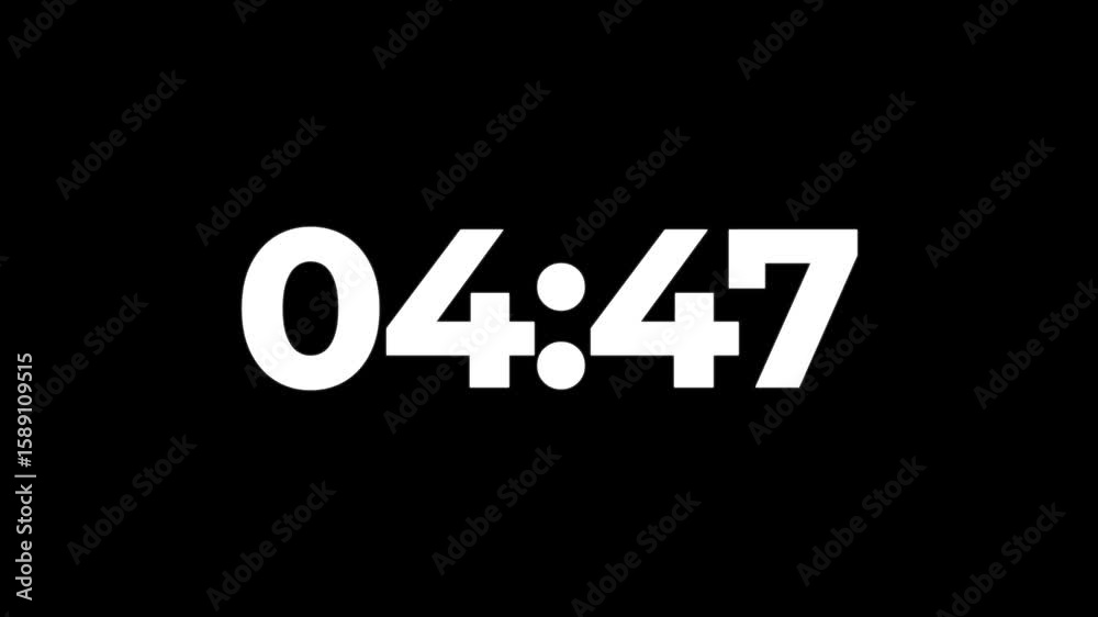 5 minutes Digital countdown 60 seconds. Five minute countdown timer animation on transparent background un black background