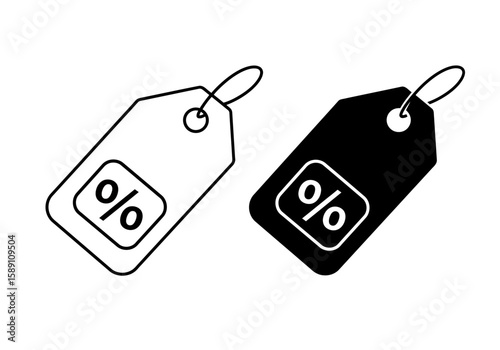 Two stylized discount tags with percentage symbols one in black and white outline and the other in solid black presented side by side