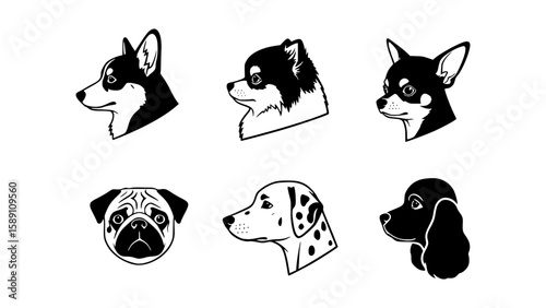 A diverse collection of dog head portraits in a unique artistic style. This graphic captures the essence of multiple breeds