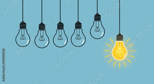 Illustrating the Power of Innovation and Originality with a Single Glowing Lightbulb Standing Out Among Several Unlit Bulbs Creating a Visual Metaphor for Unique Ideas and Creative Thinking