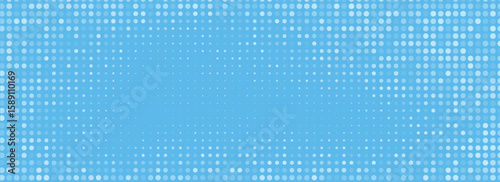 Dotted comic cloud background. Halftone clouds in bright blue sky.