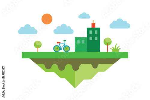 Floating Grassland City With Bike Lanes And Gardens