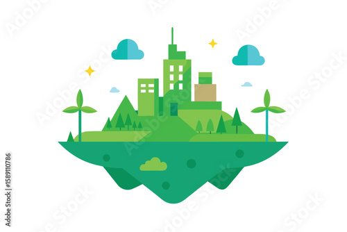 Fantasy Green City Island With Eco Tech