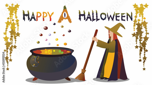 A witch stirring a cauldron with happy halloween text and star decorations on a white background scene