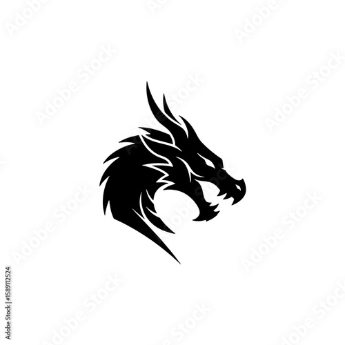 Fierce stylized dragon head, black silhouette, mythical creature, powerful design.