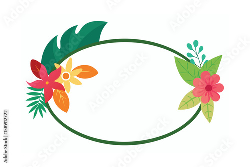 Oval Cartoon Border With Exotic Flowers And Foliage