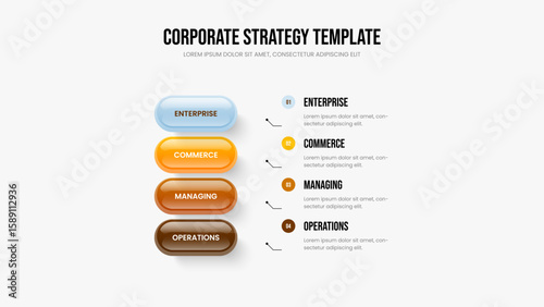 Business Analysis Four Element Diagram Slide Design. Professional Introduction Slideshow Layout Vector Illustration. Financial Development 4 Step Infographic Frame Template.