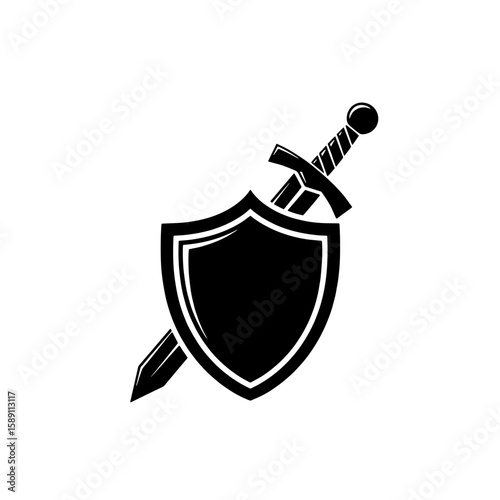 A black silhouette of a shield with a sword piercing through it, set against a white background.