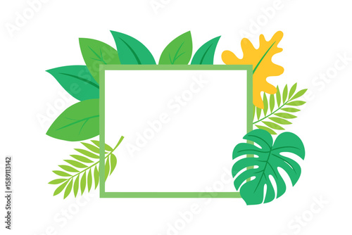 Bright Cartoon Tropical Leaves Around Square