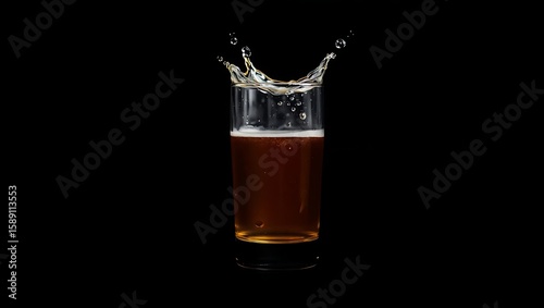 A glass of beer with a splash on a black background in a studio setting with bright lighting | national 