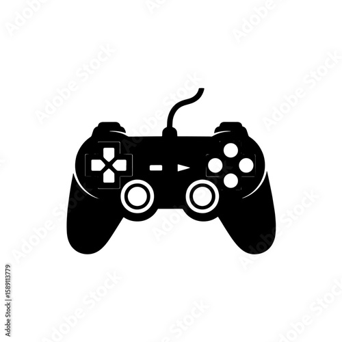 A simple black silhouette of a wired video game controller.