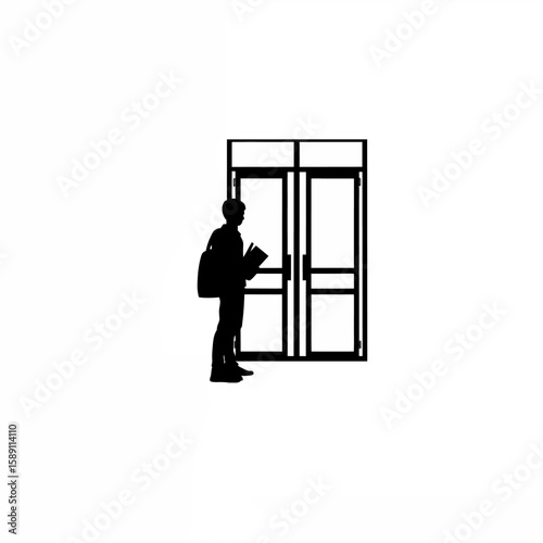 Silhouette of student waiting outside exam hall on white background