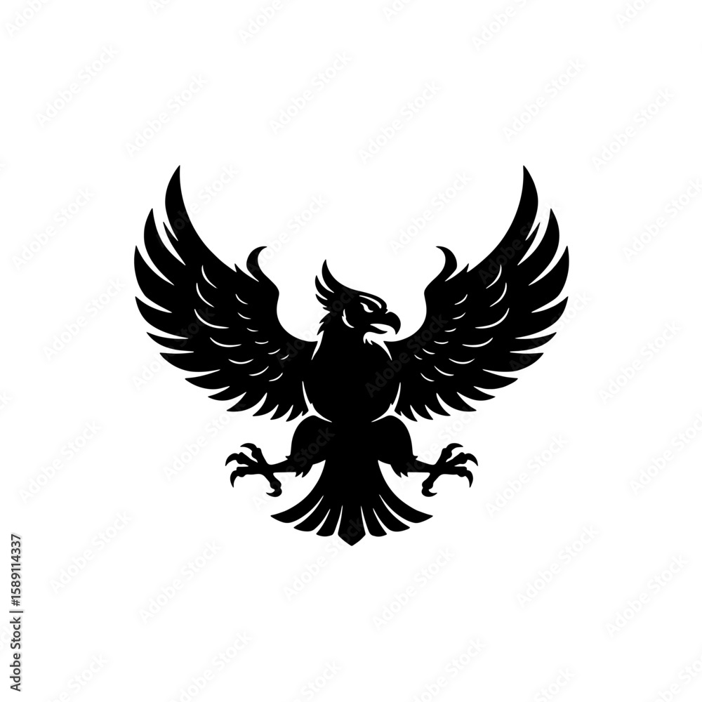 Obraz premium Majestic black eagle emblem, wings outstretched, powerful stance, symbolic design.