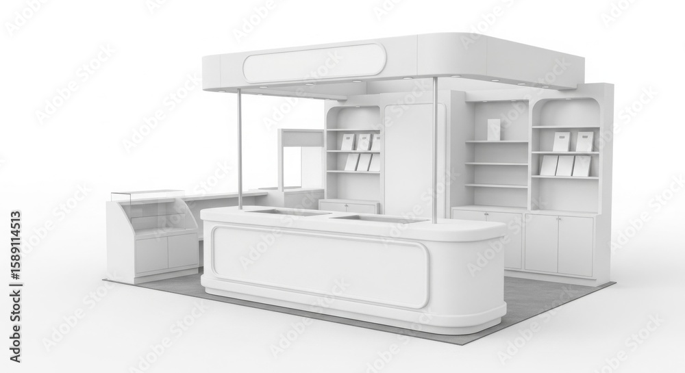 Fototapeta premium 3D model of a white exhibition stand, showcasing display elements and counter.