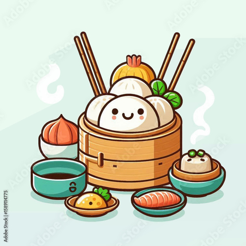 Cartoon dim sum steamer with smiley dumplings chopsticks and various small dishes arranged on a light background