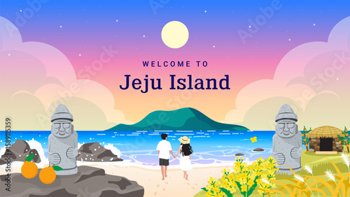 Welcome to Jeju Island vector illustration. Jeju beach landscape and beautiful twilight sky