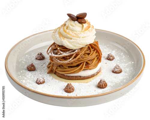 Mont Blanc dessert with chestnut purée noodles, whipped cream base, powdered sugar dust, artistic French patisserie style in ceramic plate isolated on a transparent background
