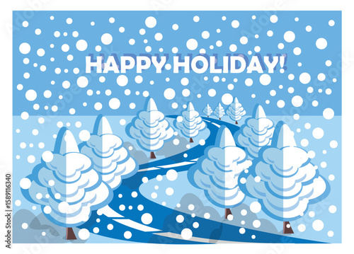 Happy Holiday banner stock vector illustration. Fir in white snow blue near road winter season postcard stock vector illustration