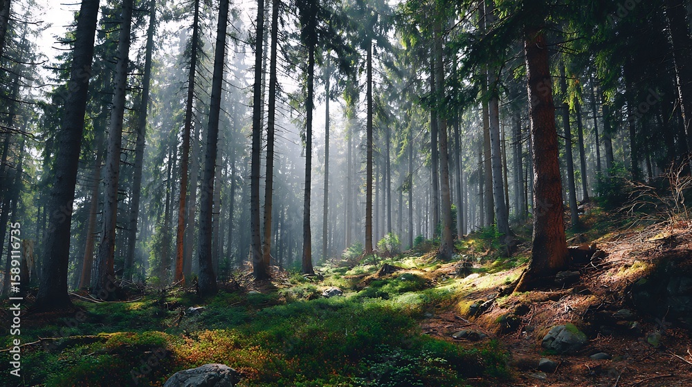 Obraz premium Misty Sunbeams Illuminate a Serene Forest Floor with Wildflowers and Mossy Rocks
