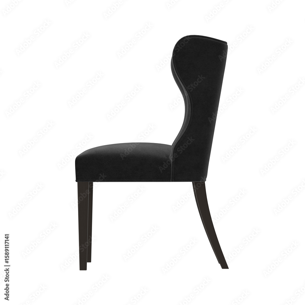 Classic black velvet wingback dining chair, side view, 3D render, isolated on transparent background.