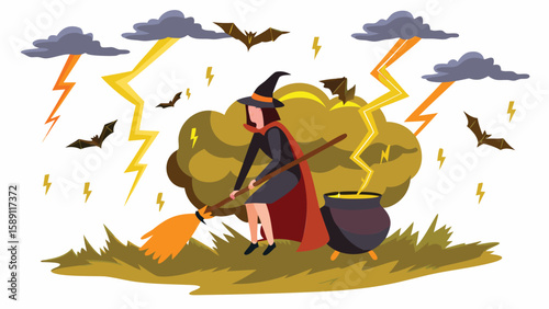 Illustration of a witch stirring a cauldron with bats and lightning during a stormy halloween night