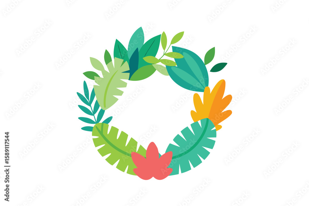 Obraz premium Cartoon Wreath With Colorful Jungle Leaves