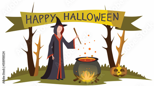 A witch stirring a cauldron under a happy halloween banner with trees and a jack o lantern near by