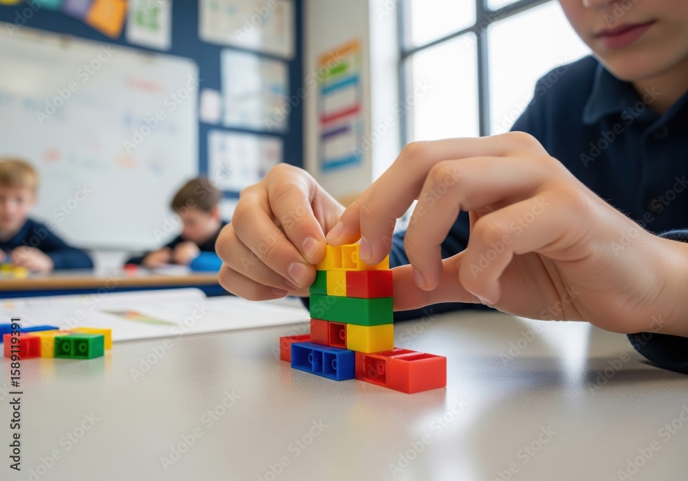Fototapeta premium Student Engaged in Puzzle and Building Blocks, Learning Development